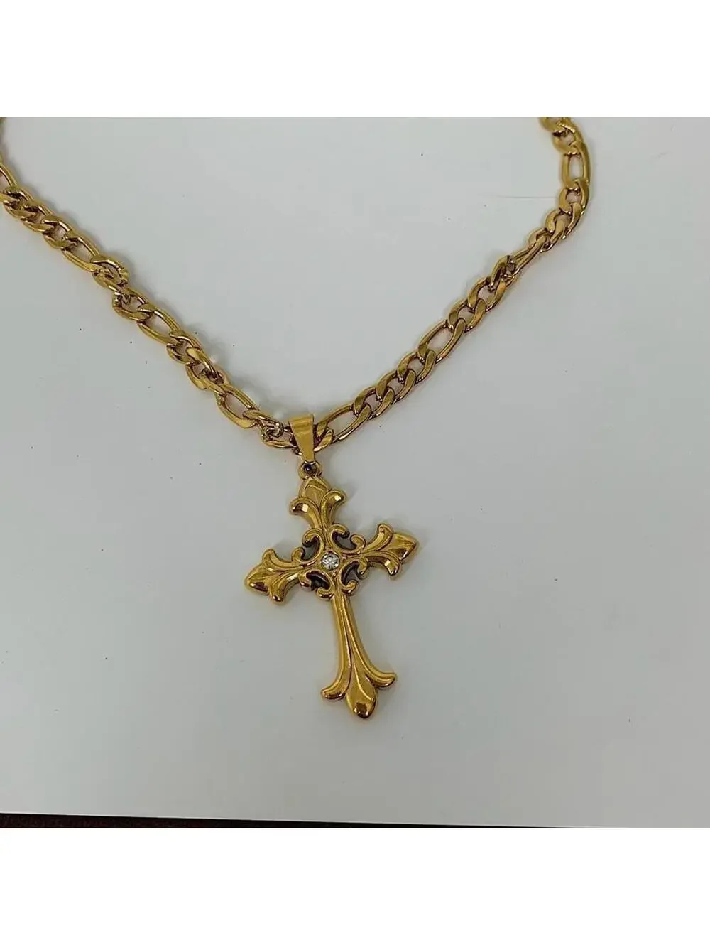 Y2K Gold Stainless Steel Cross Pendant Stone Necklace 20 Inch Unisex